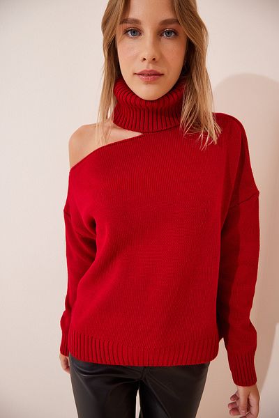 Happiness İstanbul Roter Rollkragenpullover mit Cut-Out-Details für Damen PN00068
