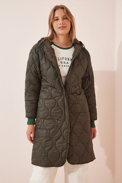 Happiness İstanbul Khakifarbener Steppmantel mit Kapuze für Damen HM00052