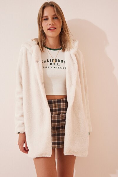 Happiness İstanbul Női krémszínű kapucnis műszőrme RV00082