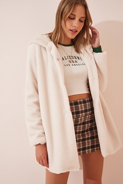 Happiness İstanbul Női krémszínű kapucnis műszőrme RV00082