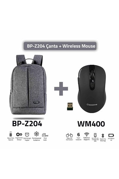 Classone ماوس Bp-z204-wm400 - كمبيوتر محمول من القماش المقاوم للماء مقاس 15.6 بوصة، حقيبة ظهر للكمبيوتر المحمول + ماوس لاسلكي