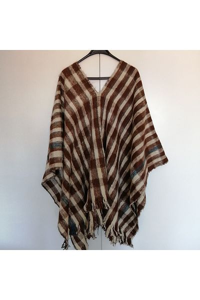 Butik Tülin Women's Authentic Alpaca Llama Wool Bone Brown Black Colored Plaid Tassel Poncho Made in Peru
