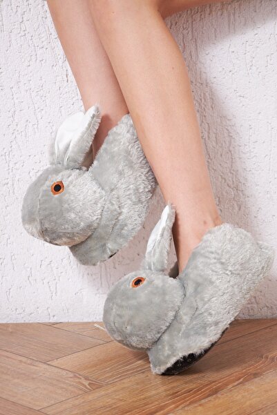 ALTUNTAŞ Kadın - Kız Tavşan Figürlü Peluş Ev Panduf Modeli - Gri