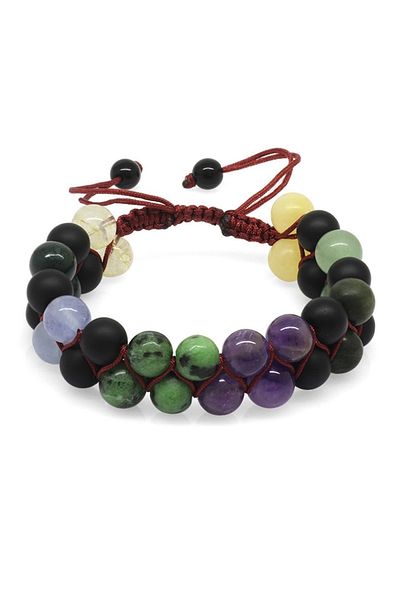 Tesbihane Double Row Macrame Braided Sphere Cut Multiple Natural Stone Combination Women's Healing Bracelet