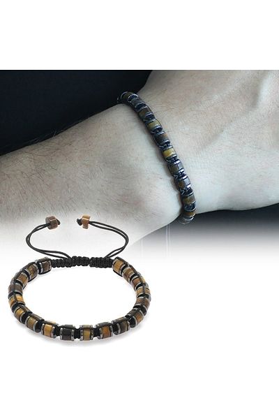 Tesbihane Cylinder Cut Macrame Braided Natural Stone Men's Bracelet with Tiger Eye-Hematite Combination