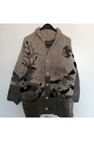 Butik Tülin Kadın Otantik Has Yün El Örme Gri Çok Renkli Ağaç Çiçek Kulübe Ör...