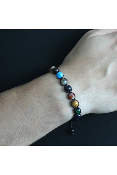 Tesbihane Makrome Örgülü Küre Kesim Çoklu Doğaltaş Yıldız-gezegen Kombinli Erkek Şans Bilekliği