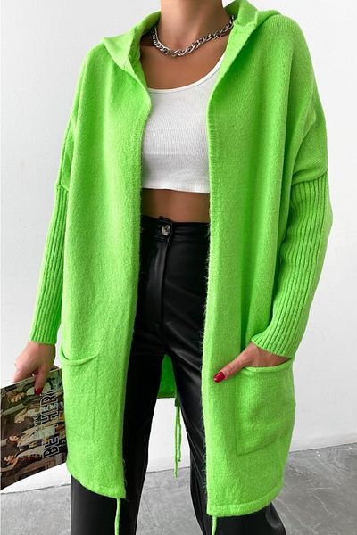 FEMELLE Cardigan de damă, verde deschis, cu mânecă liliac, cu buzunar dublu, largi, supradimensionat, mărime standard, tricotaj cu glugă