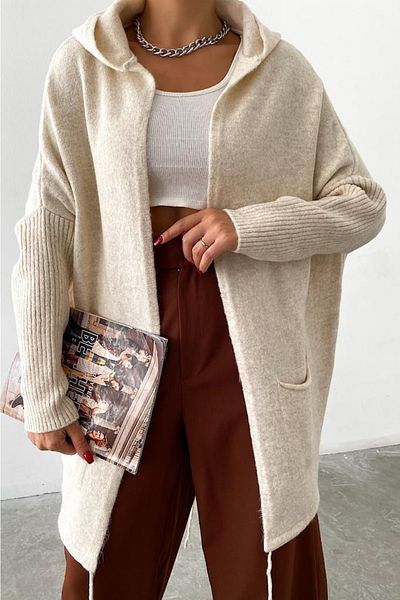 FEMELLE Cardigan de damă, de culoare bej, cu mânecă liliac, cu buzunar dublu, cu glugă, largi, supradimensionat, mărime standard