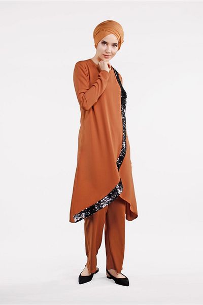 TRENDTESETTÜR Women's Orange (ORANGE) Sequin Detailed Asymmetrical 2-Piece Suit 5647