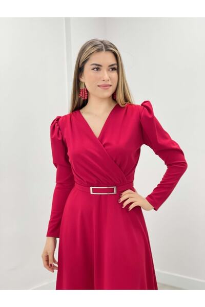 giyimmasalı Krep Kumaş Kruvaze Yaka Kiloş Elbise Kırmızı