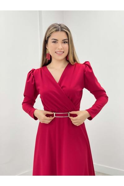 giyimmasalı Krep Kumaş Kruvaze Yaka Kiloş Elbise Kırmızı