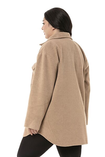 DISENTIS MODEST Large Size Shirt Collar Flap Pocket Lined Houndstooth Woven Camel Coat