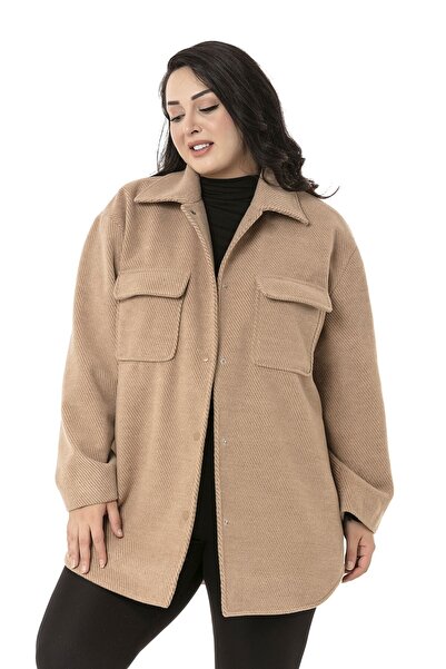 DISENTIS MODEST Large Size Shirt Collar Flap Pocket Lined Houndstooth Woven Camel Coat