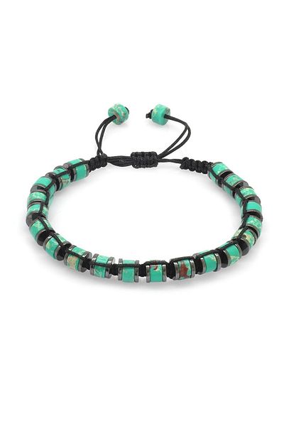 Tesbihane Cylinder Cut Macrame Braided Green Varicide-hematite Combination Natural Stone Men's Bracelet
