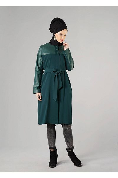 TRENDTESETTÜR Γυναικεία Πράσινη (K.PETROL) Καμπαρντίνα με δερμάτινη λεπτομέρεια με ζώνη 1409