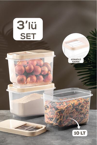 Meleni Home 3'lü Multibox 10 Lt Bakliyat Saklama Kabı - Kayar Kapaklı Erzak S...