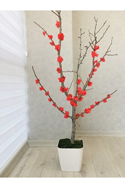 Asenya Yapay Çiçek 1 Adet 80-100 Cm Kırmızı Bahar Dalı Yapay Bitki Ağaç Saksı...