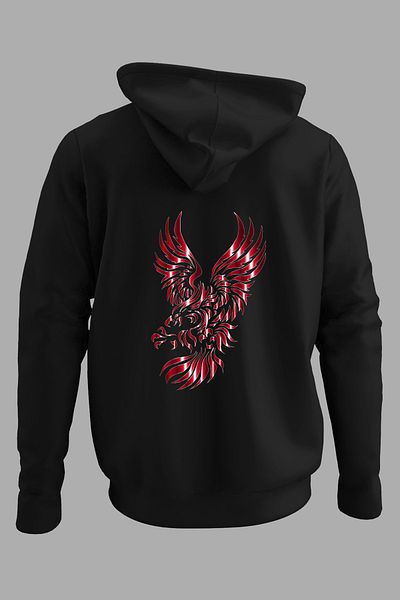Raf Coll Hanorac negru supradimensionat unisex cu glugă, imprimat digital cu design Eagle