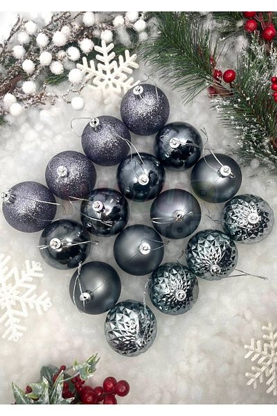 Huzur Party Store Pack of 16 Dark Silver Color Cute Balls 6 Cm Glitter Matte Shiny Space Gray Christmas New Year Pine Tree Ornament