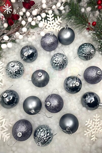 Huzur Party Store Σετ 16 Σκούρο Ασημί Χρώμα Cici Ball 6 εκ. Ασημί Ματ Γυαλιστερό Space Grey Χριστουγεννιάτικο Πρωτοχρονιάτικο Στολίδι από Πεύκο