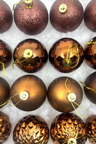 Huzur Party Store Σετ 16 Χρωματιστά Στολίδια Χριστουγεννιάτικου Δέντρου σε Χρώμα Σοκολάτας, Μπάλες 6 εκ., Ασημί, Ματ, Γυαλιστερό, Ανάγλυφο Καφέ