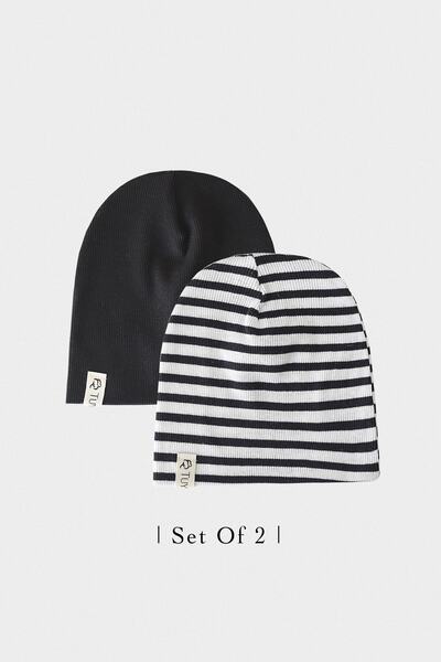 Doğan Collection Black-Striped 2-Piece Rib Beanie