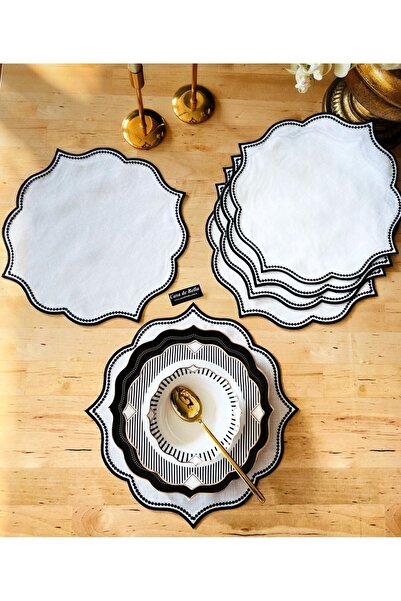 CASA DE BELLA Siyah Detaylı 6 Adet Nakışlı Keten Supla Amerikan Servis