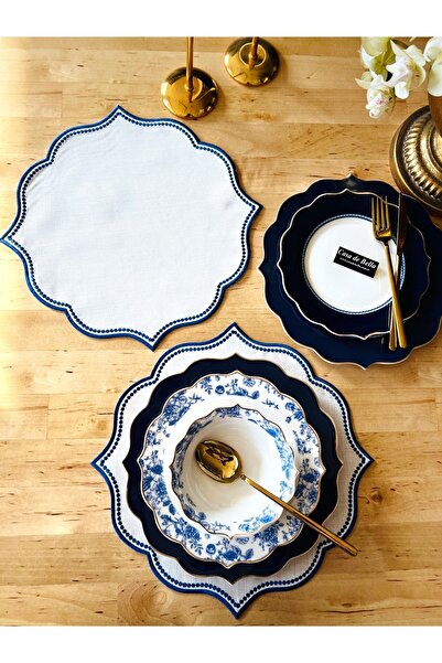 CASA DE BELLA Mavi Detaylı 6 Adet Nakışlı Keten Supla Amerikan Servis