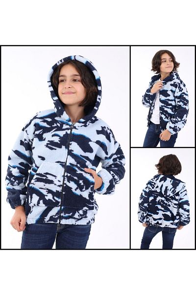elektrogalaksi Navy Blue Patterned Pocketed Hooded Zippered Girl's Boy's Winter Fleece Coat
