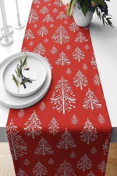 Pilloveland Runner New Year Pine Trees Patterned Suede Woven on Red Background 140*40 Cm