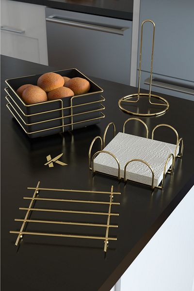 KARTEYA Service Presentation Set and Bread Basket Towel Holder Napkin Holder Trivet Bread Dish Gold Gold Dowry Set of 4