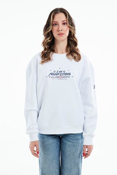 Eazy Co Hanorac gros unisex alb cu decolteu rotund Eazy Manifest