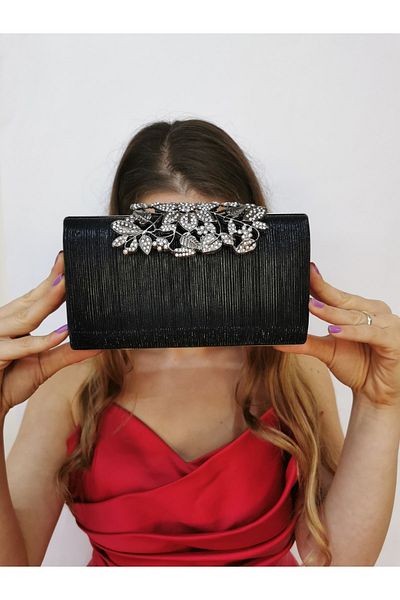 NAZART Geantă portofoliu pentru rochie de seară cu piatră neagră laser pentru femei