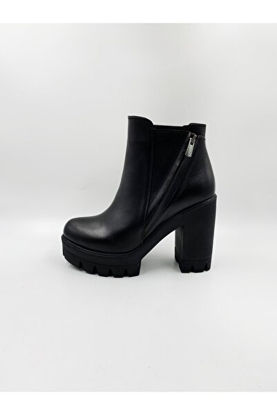Impero Kadın Siyah  Hakiki Deri Lastikli Yüksek Kalın Topuklu Bot
