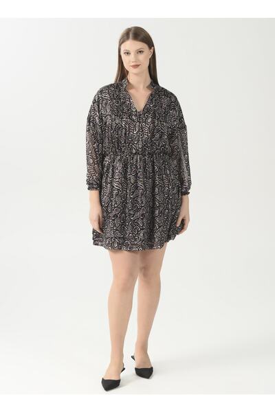 Selen Dik Yaka Emprime Siyah Standart Kadın Elbise 22ksl7215