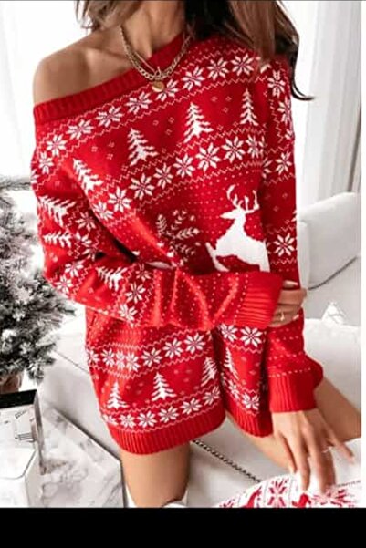 Cindiy Desenli Salaş Yılbaşı Temalı Triko Kazak