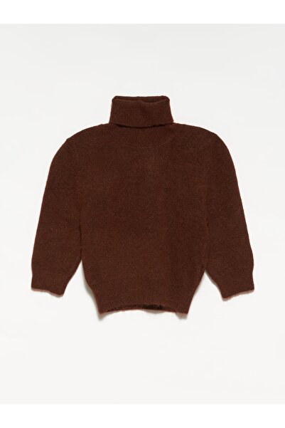 Dilvin 10306 Balıkçı Yaka Kısa Kol Crop Kazak-kahve