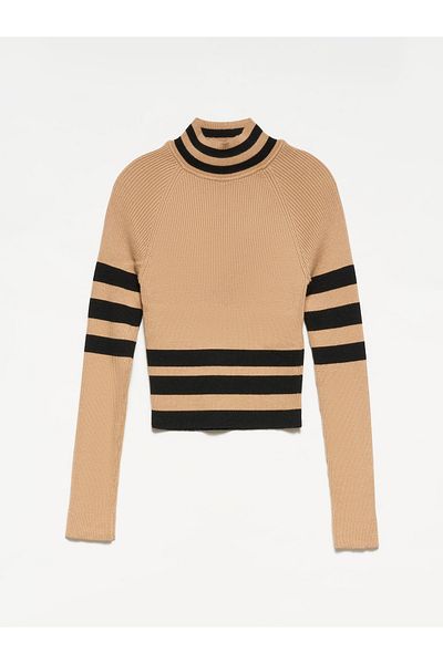 Dilvin 10305 Half Fisherman Striped Sweater-black-beige-black