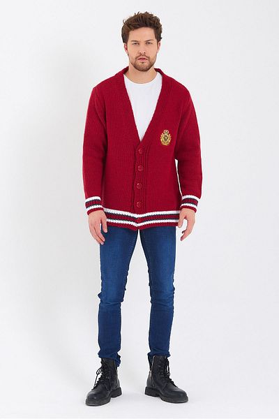 Tarz Cool Cardigan pentru bărbați, tricotaje cu nasturi brodate bordeaux-trz3451r02xl