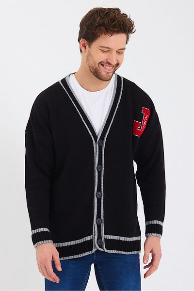 Tarz Cool Cardigan negru cu nasturi brodat pentru bărbați-trz8184r01m