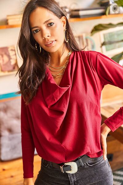 Olalook Kadın Bordo Omuzu Pileli Degaje Yaka Salaş Örme Bluz BLZ-19001760