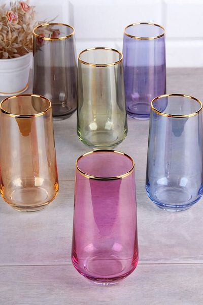 P H Panayır Home Lava Set of 6 Colorful Gilded Soft Drink Glasses for 6 Persons