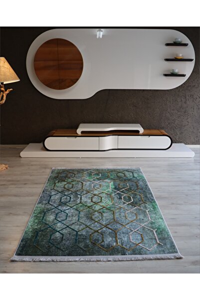 Just Arte Dekoratif Yeşil Salon Halısı Makinada Yıkanabilir Nakkaş Kilim Kaym...