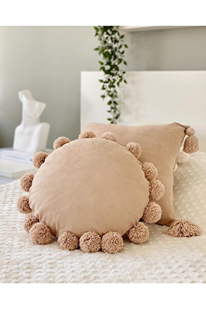 Hestia Home Ponponlu Kırlent Ponpon Yastık Pudra