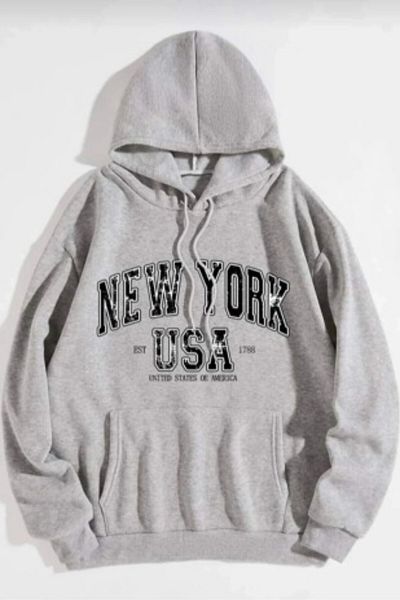 MODAGEN Unisex γκρι New York φούτερ με στάμπα με κουκούλα oversize