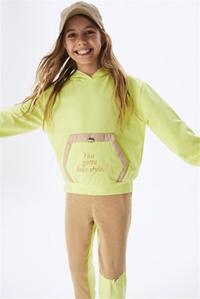 NK Kız Çocuk Kışlık Içi Ince Şardonlu Pamuklu Kapüşonlu Neon Sweatshirt