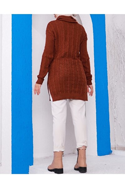 Genel Markalar Selanik Örgülü Boğazlı Taba Triko Kazak