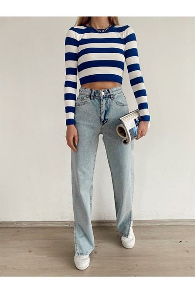 BROSERER Iwona Women's Light Blue Snow Washed High Waist Denim Mom Jeans Boyfriend