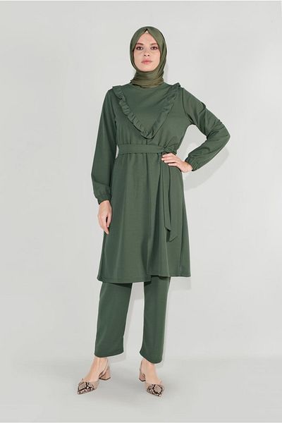 TRENDTESETTÜR Γυναικείο Σετ Παντελόνι Χακί Frilly Belted 0136